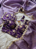 Lorenvalley Fashion Premium Lavender Tissue Crush Saree with Jacquard Weaving Stitched Blouse