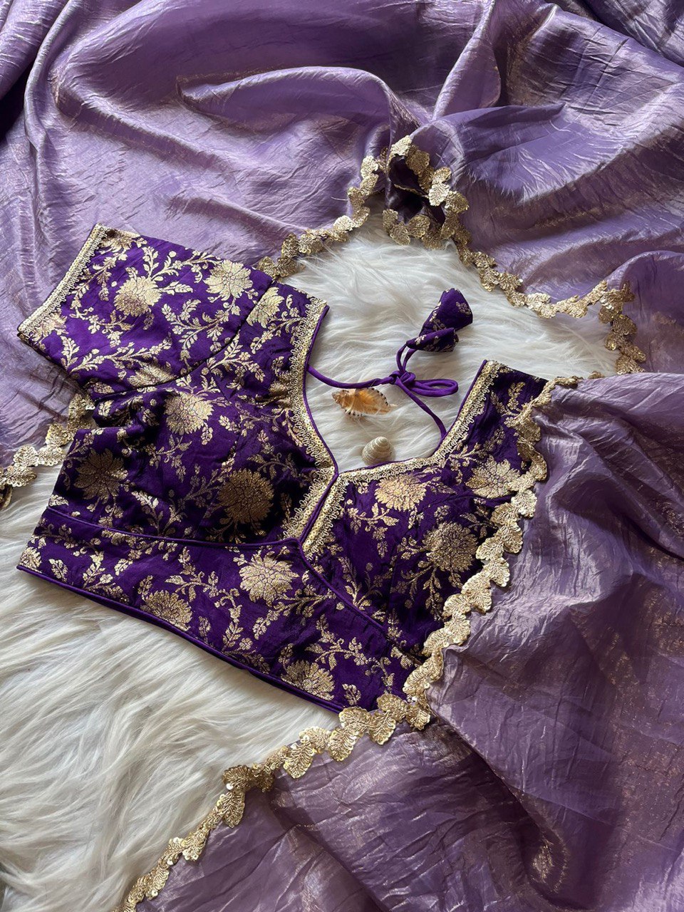 Lorenvalley Fashion Premium Lavender Tissue Crush Saree with Jacquard Weaving Stitched Blouse