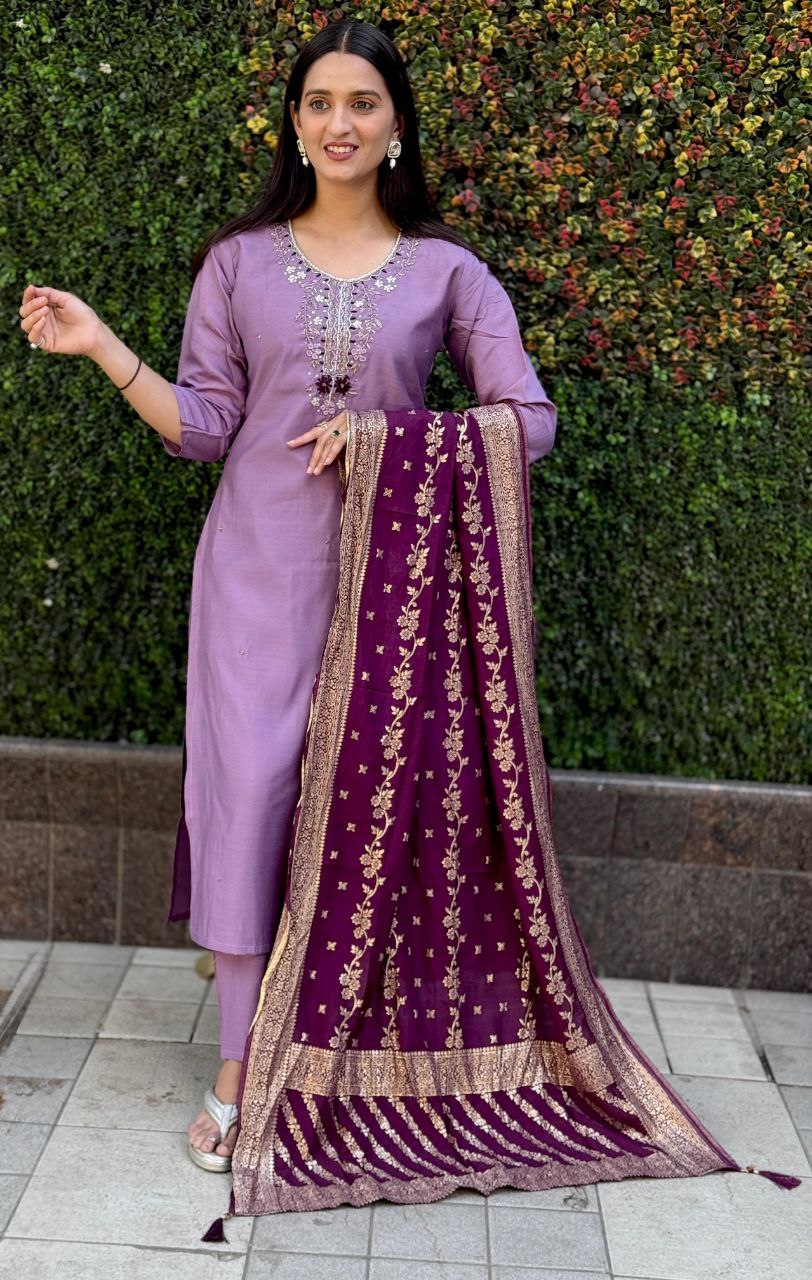 Lorenvalley Fashion Lavender Roman Silk Hand Work Kurta Pant with Dupatta