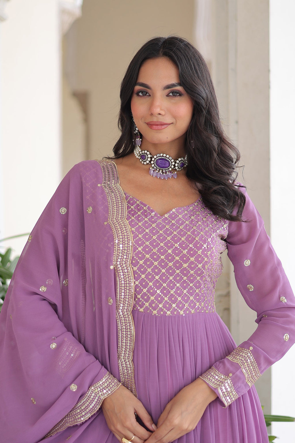 Lorenvalley Fashion Lavender Faux Georgette with Zari & Sequins Embroidered Work Anarkali Gown with Dupatta