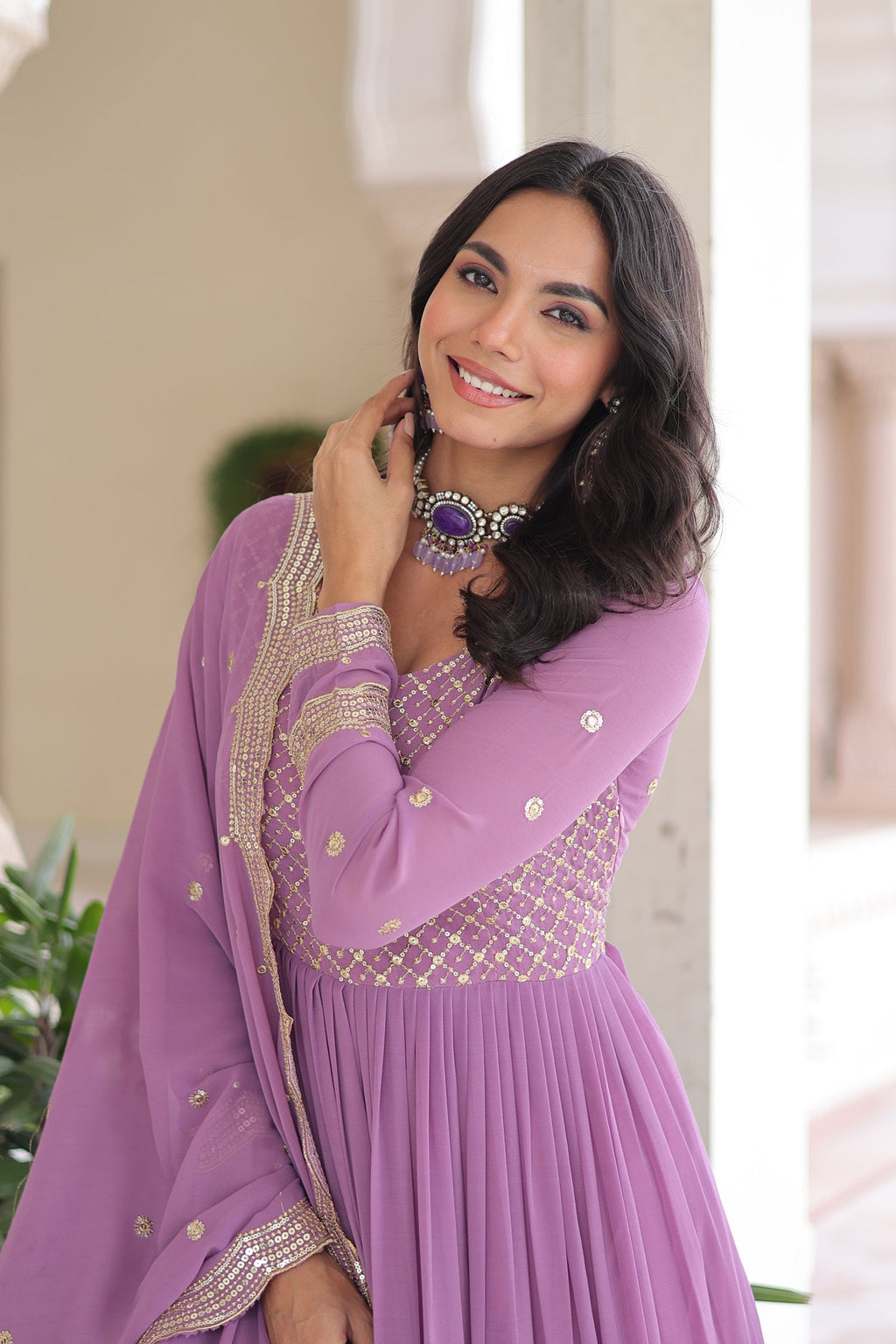 Lorenvalley Fashion Lavender Faux Georgette with Zari & Sequins Embroidered Work Anarkali Gown with Dupatta