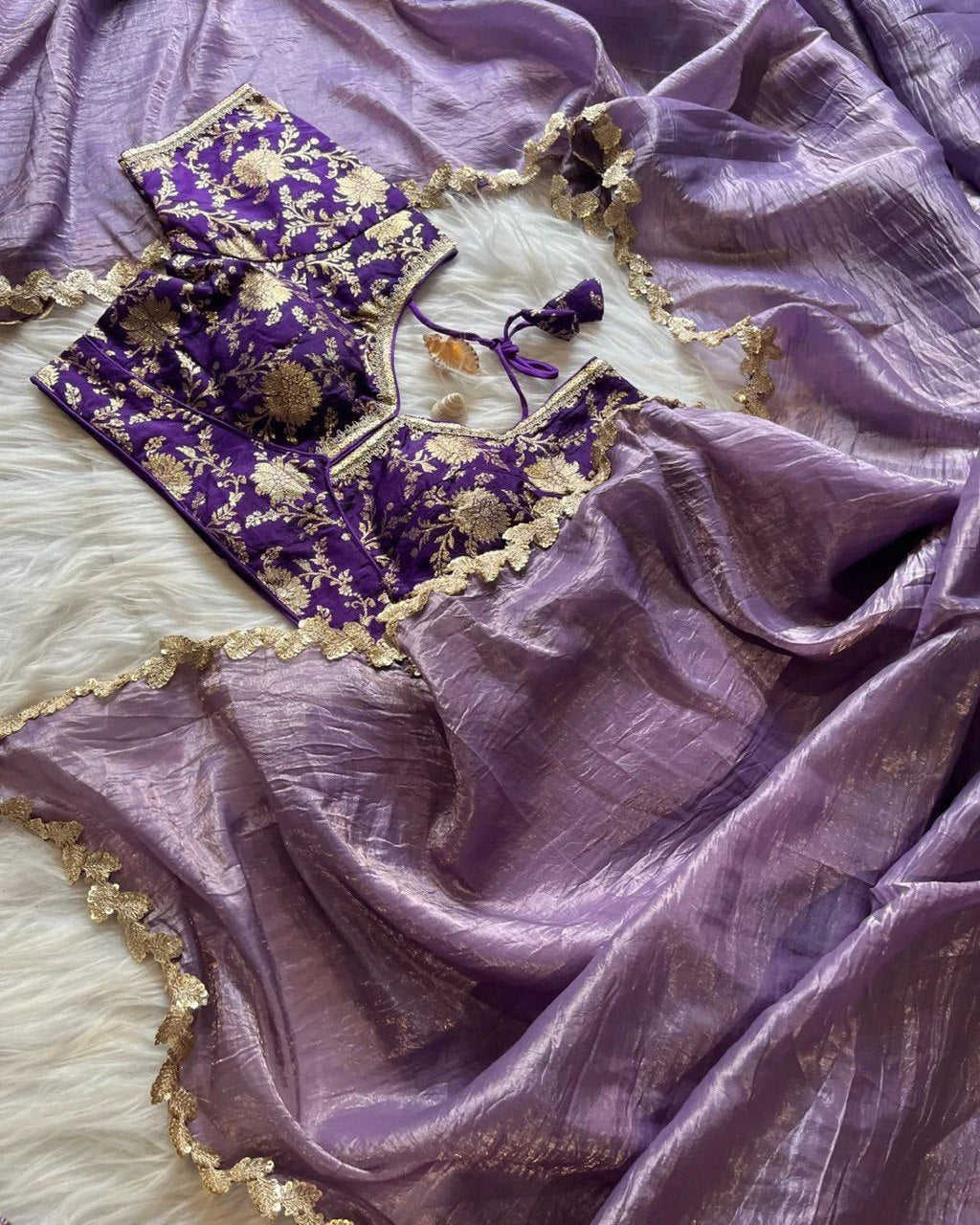 Lorenvalley Fashion Premium Lavender Tissue Crush Saree with Jacquard Weaving Stitched Blouse