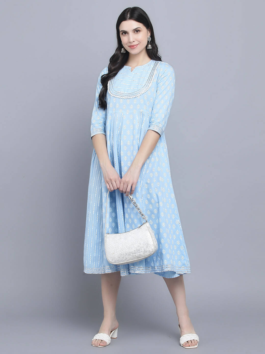 Myshka Women's Blue Ethnic Motifs Empire Midi Dress