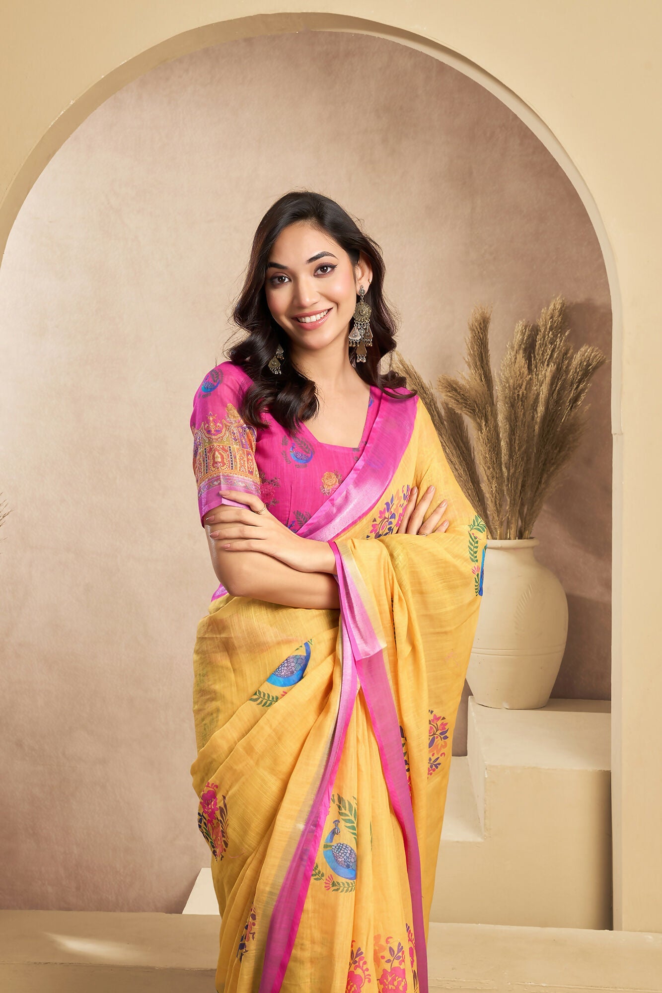 Vastranavya Mustard Digital Printed Linen Ready To Wear Designer Saree with Unstitched Blouse