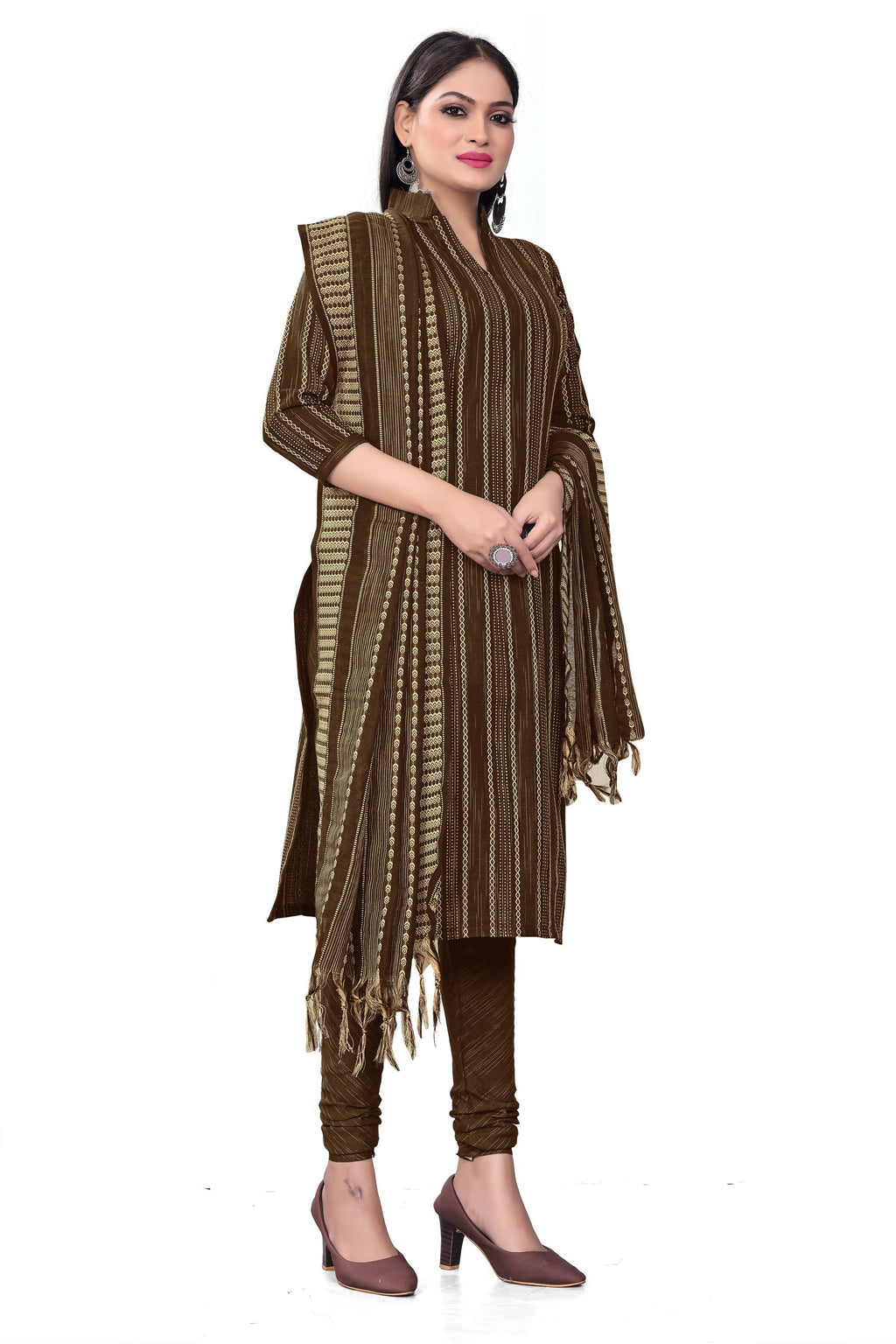Brown Cotton Jacquard Woven Unstitched Dress Material - Tanvi