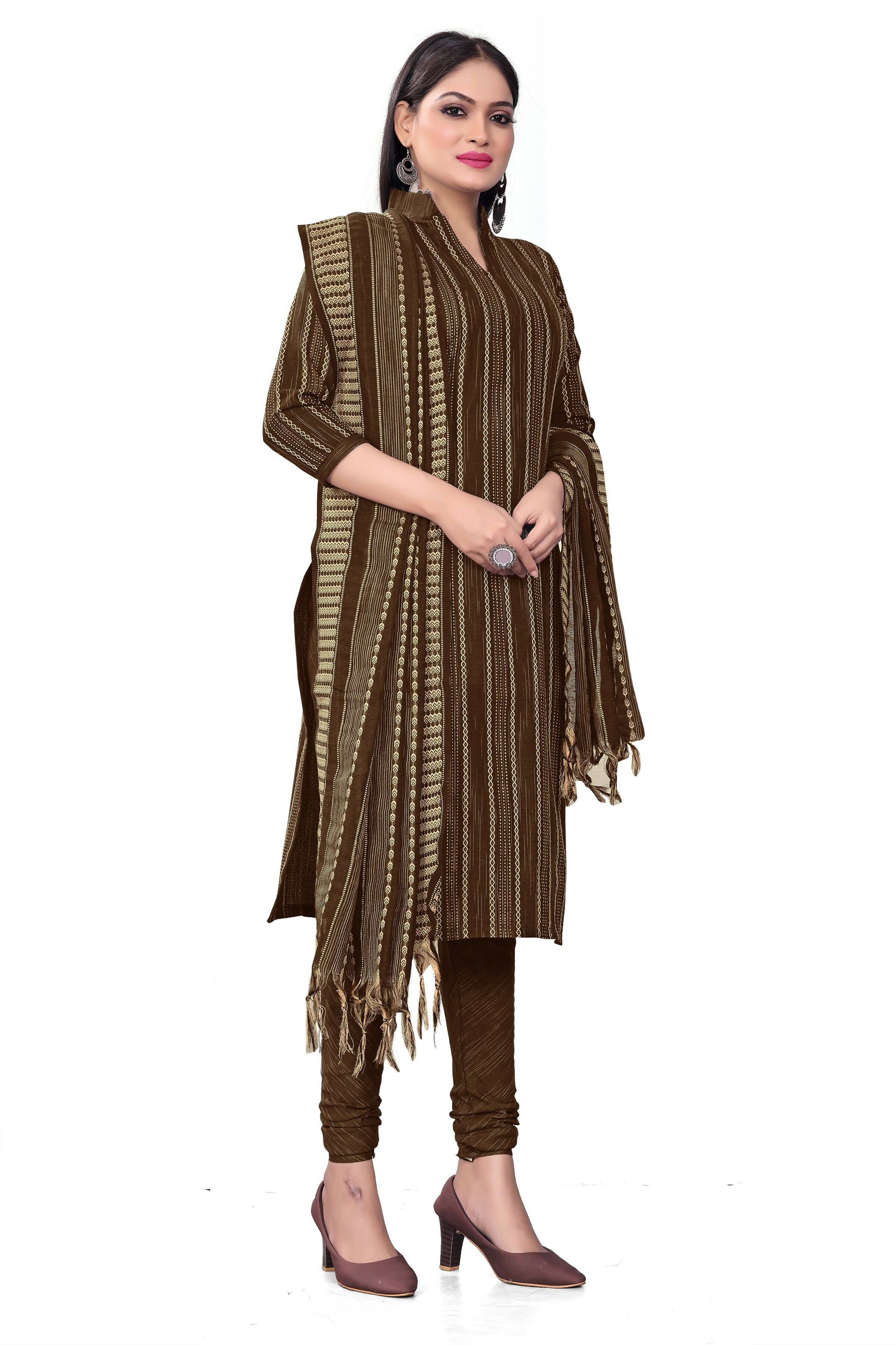 Brown Cotton Jacquard Woven Unstitched Dress Material - Tanvi