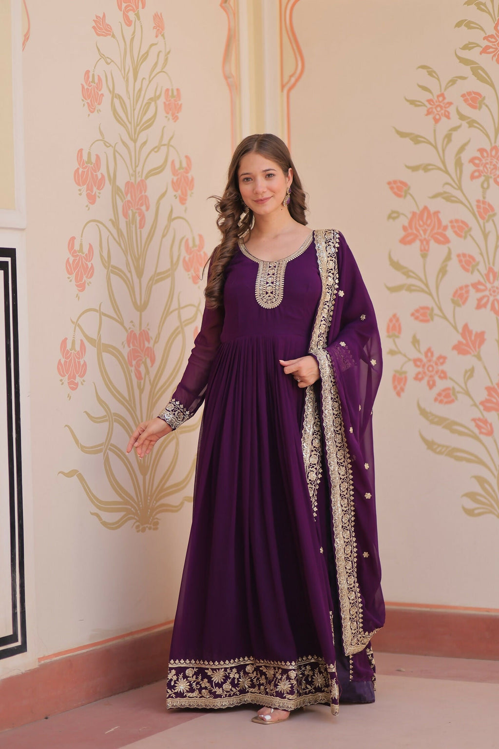 Joban Fashion Purple Georgette Sequence Embroidery Work Kurta Set