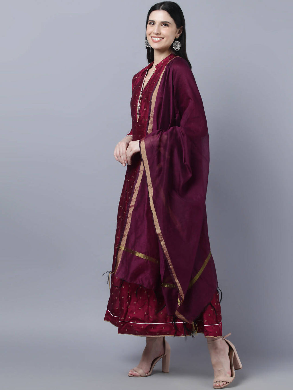 Myshka Women Brown Gold-Toned Anarkali Kurta With Dupatta