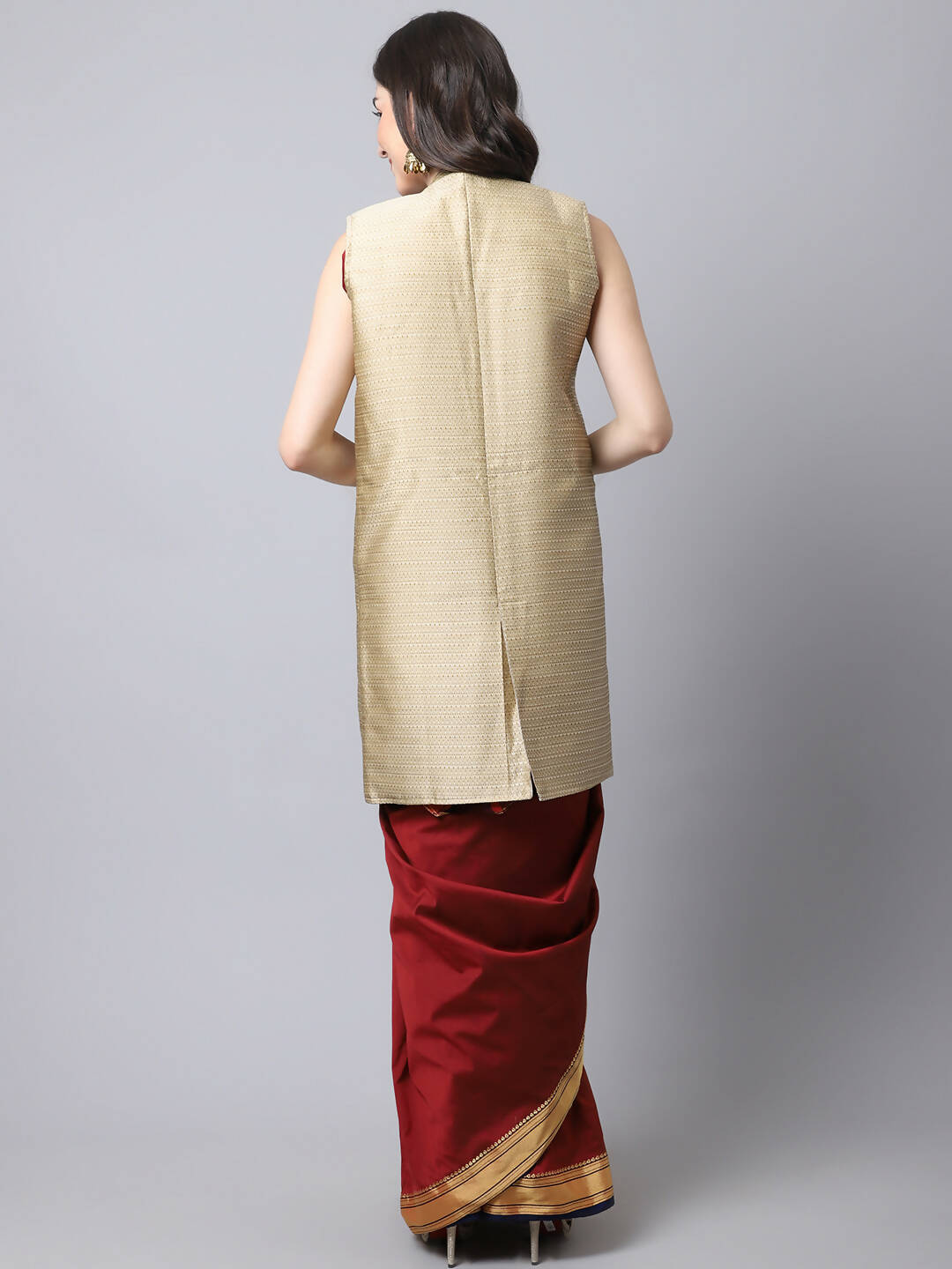 Even Apparels Beige Bansari Silk Open Front Women's Long Coat