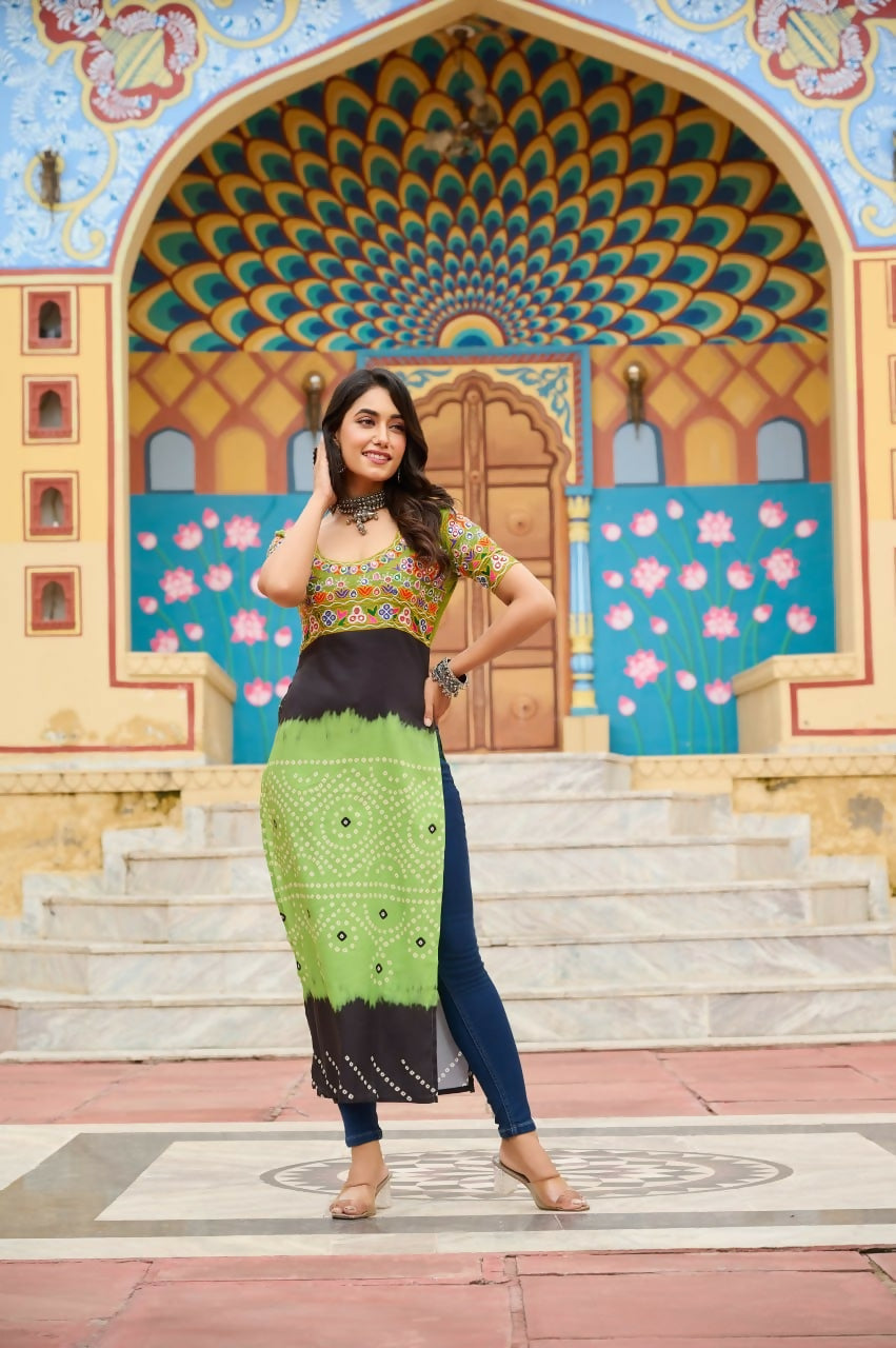 Vastranavya Parrot Navratri Special Kutchi Gamthi Work with Printed Kurti