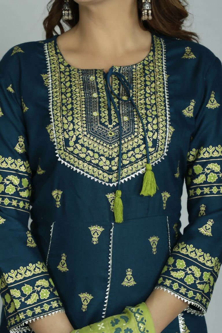 Alvano Women's Stylish Anarkali Kurti with Pant and Dupatta for Women and Girls (Teal)