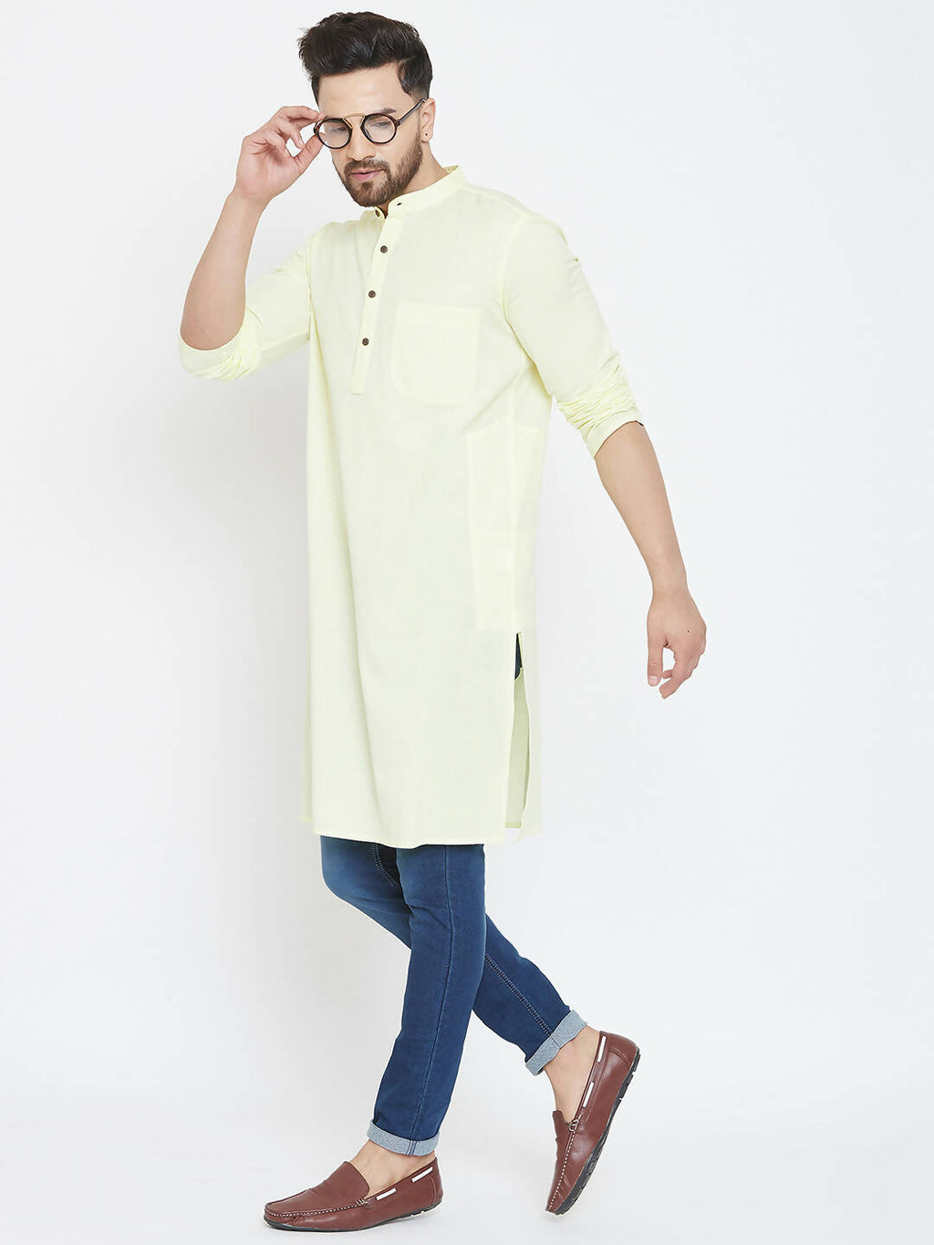 Even Apparels Yellow Color Men's Pure Cotton Kurta With Band Collar