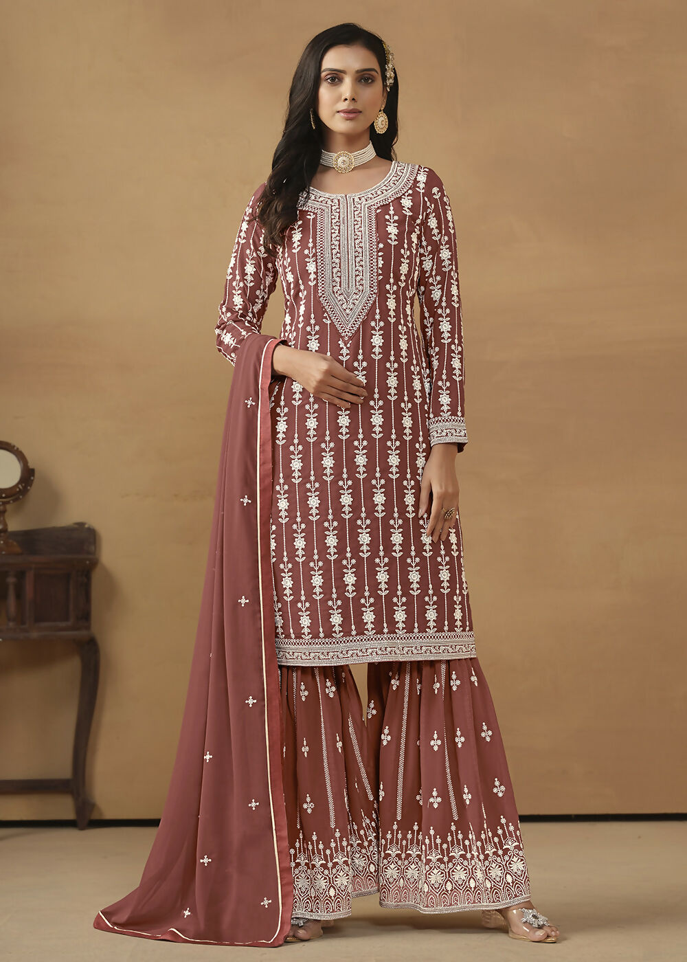 Radiant Brown Embroidered Wedding Festive Gharara Suit - Emponline