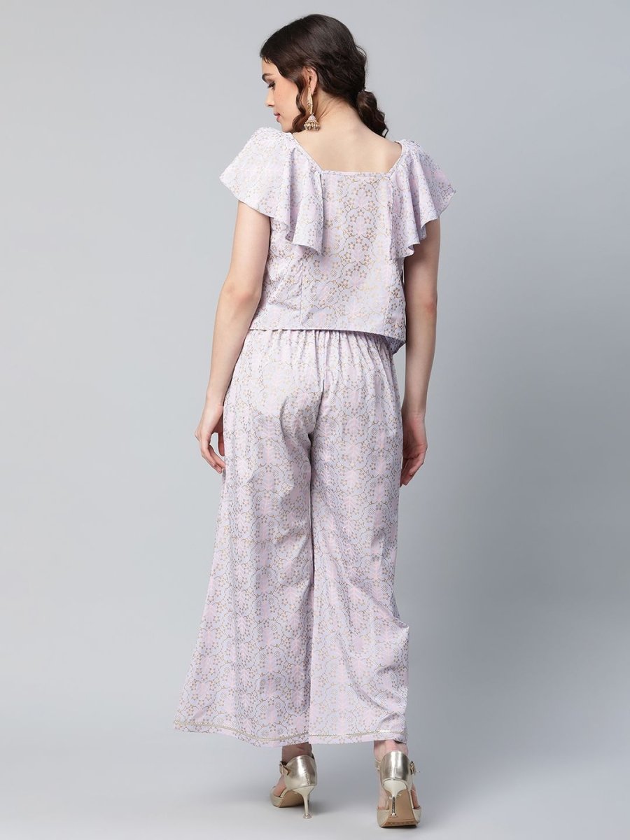 Ahalyaa Women Powder Blue Crepe Khari Printed Top with Palazzo Set