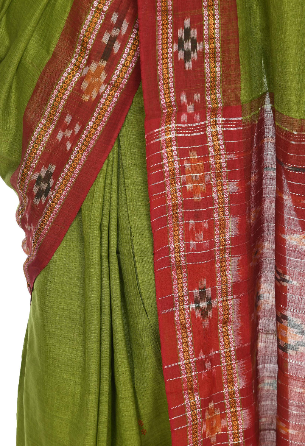 Vamika Sambalpuri Ikat Cotton Rekhabala Buti Green & Red Saree