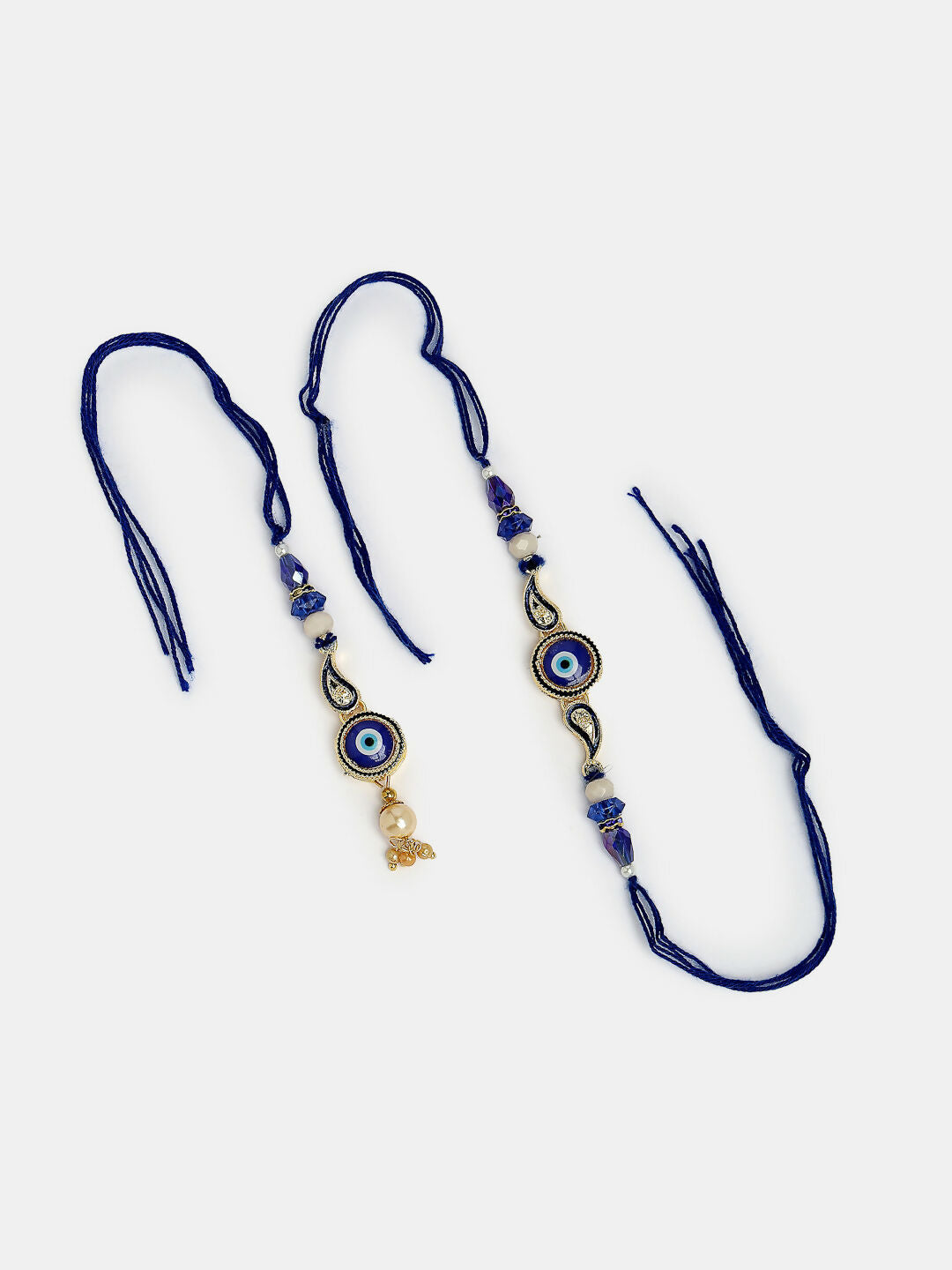 NVR Women & Men Set of 2 Blue Evil Eye Beaded Bhaiya Bhabhi Rakhi With Roli Chawal & Chocolate
