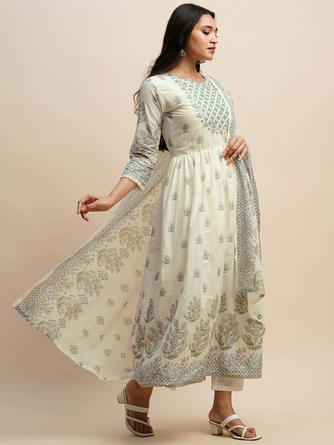 White And Blue Pure Cotton Floral Printed Anarkali Kurta And Bottom With Dupatta - Akashara