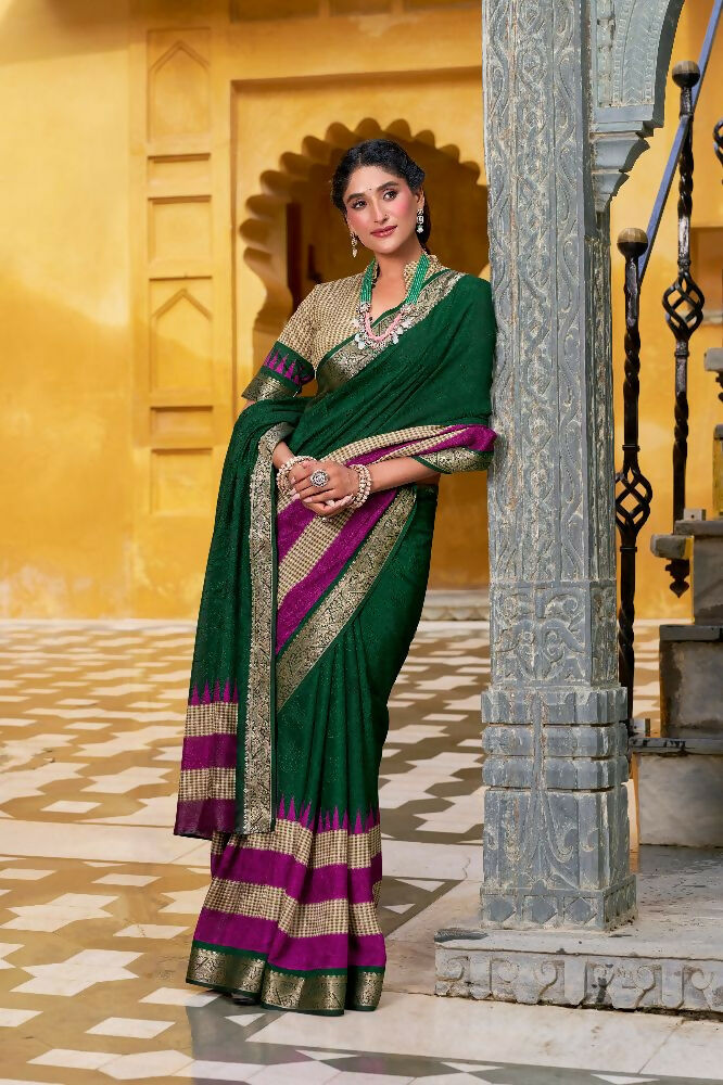 PR Fashion Green Poly Cotton Printed With Zari Weaving Work Saree