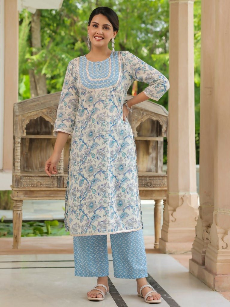 Aramya Straight Soft Cotton Floral Print Women's Kurta - Blue