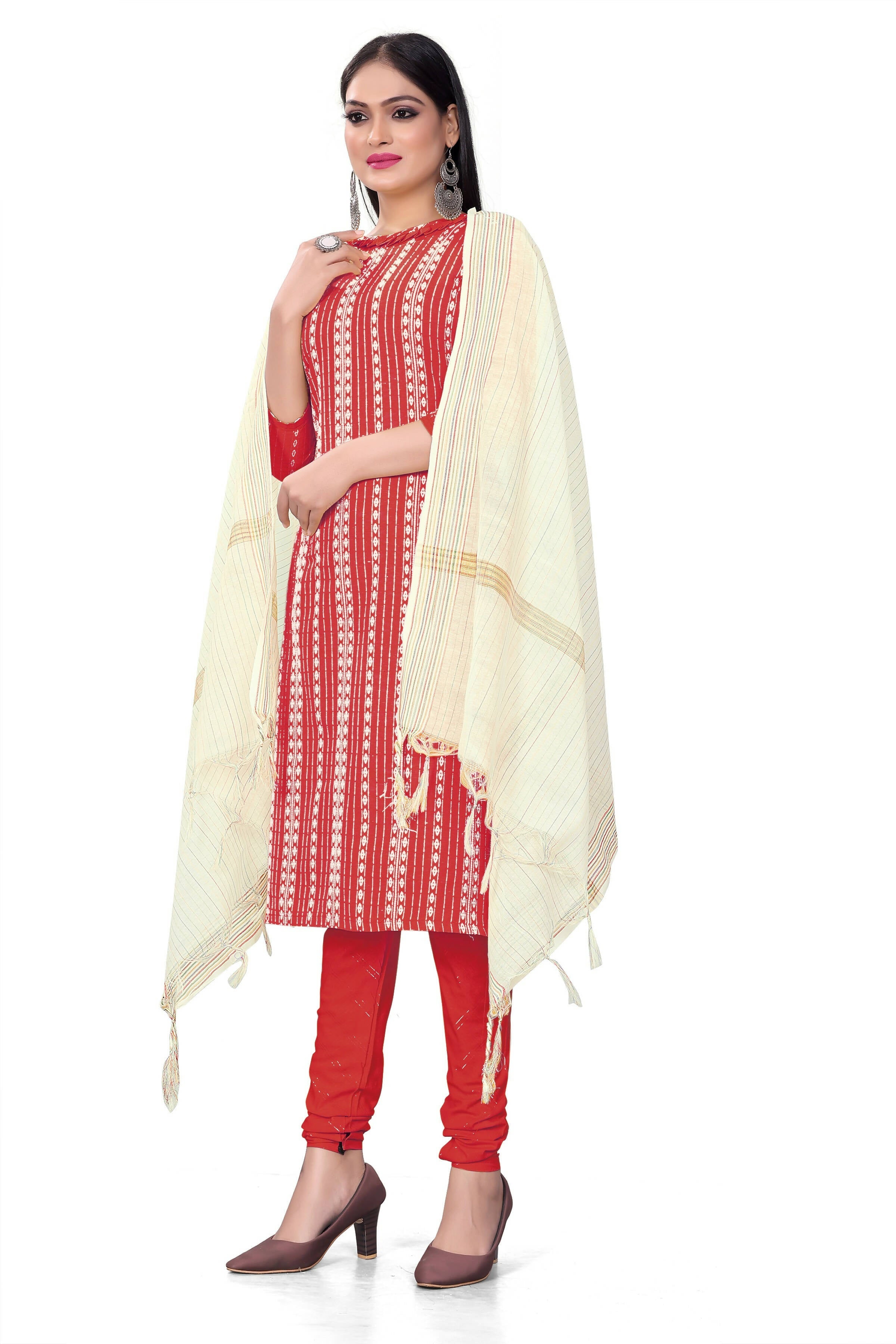 Red Cotton Jacquard Woven Unstitched Dress Material - Amara