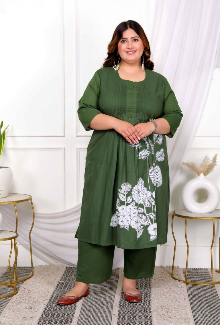 Miravan Women's Plus Size Mehandi Pintucks Floral Pattern Cotton Straight Kurta with Palazzo And Floral Dupatta Set