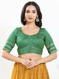 Joban Fashion Green Brocade Padded Blouse With Round Neck Elbow Sleeves