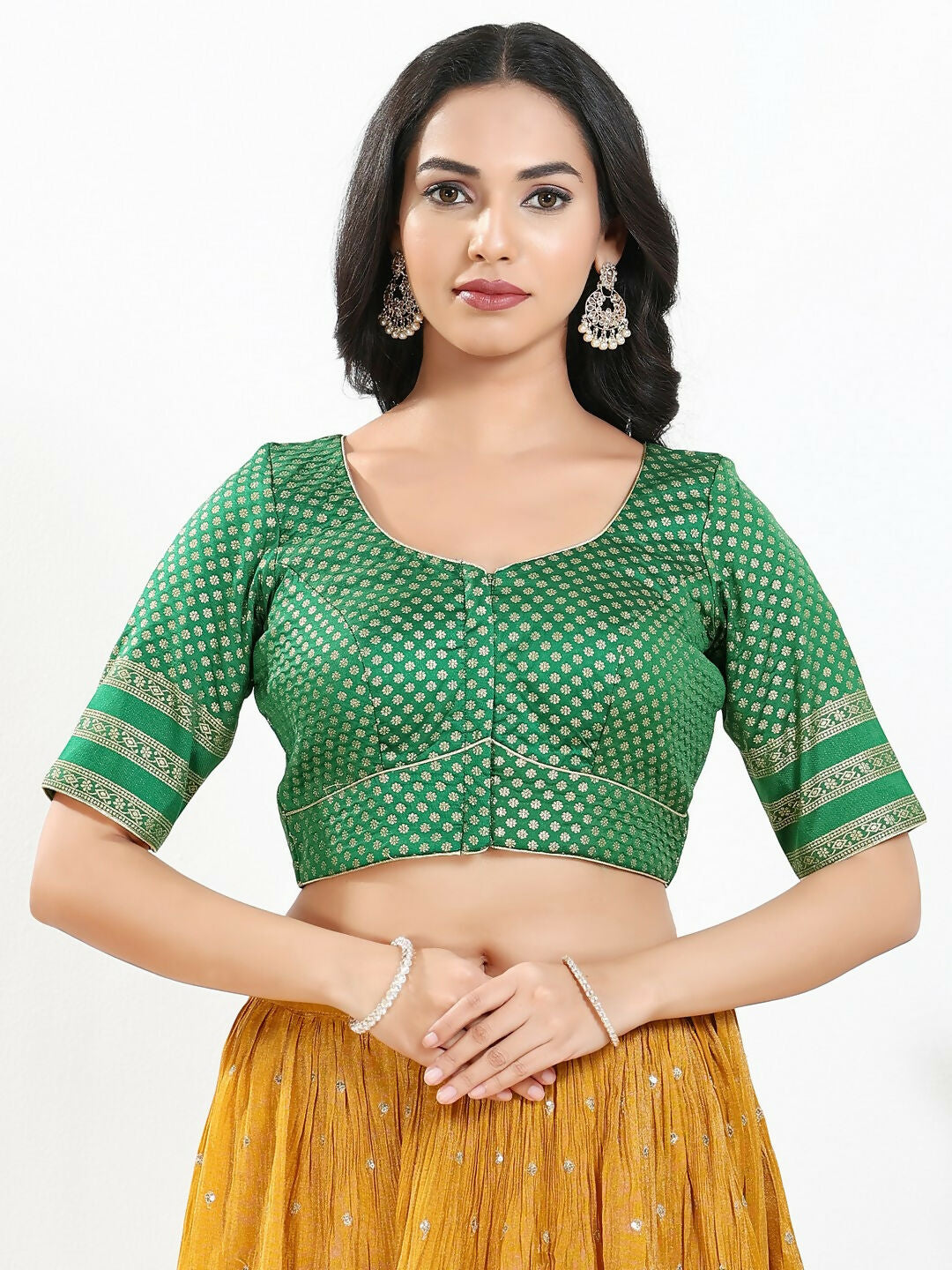 Joban Fashion Green Brocade Padded Blouse With Round Neck Elbow Sleeves