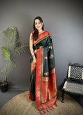 Joban Fashion Dark Green Banarasi Soft Silk Peacock Butta Work Saree