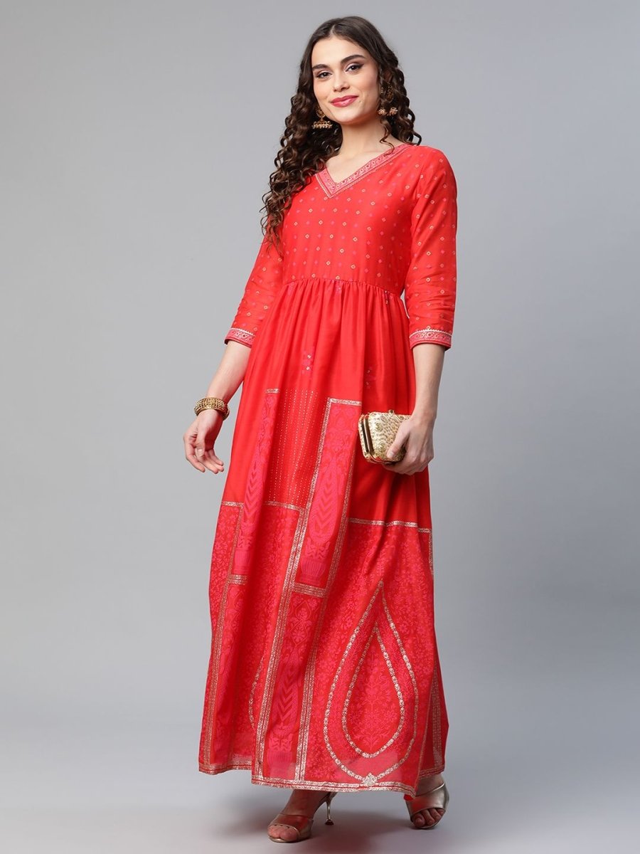 Ahalyaa Women Red Chanderi Khari Printed Dress