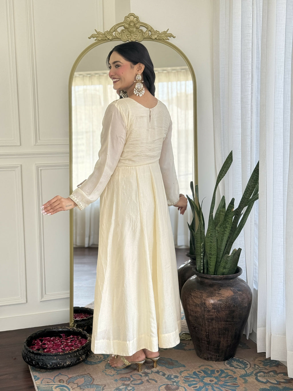 The52 CreamWomen's Gorgeous Embroidered Vichitra Silk Fabric Flared Kurta Pant with Dupatta Set