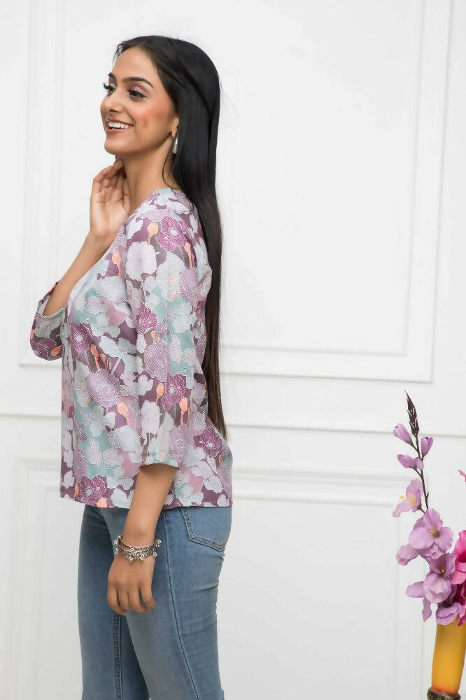 Myshka Women Multi-Floral V-Neck Regular Sleeves Viscose Rayon Top