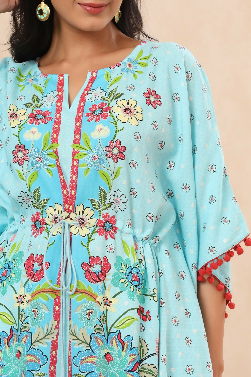 Juniper Sky Blue Floral Printed Calf-Length Rayon Kaftan.