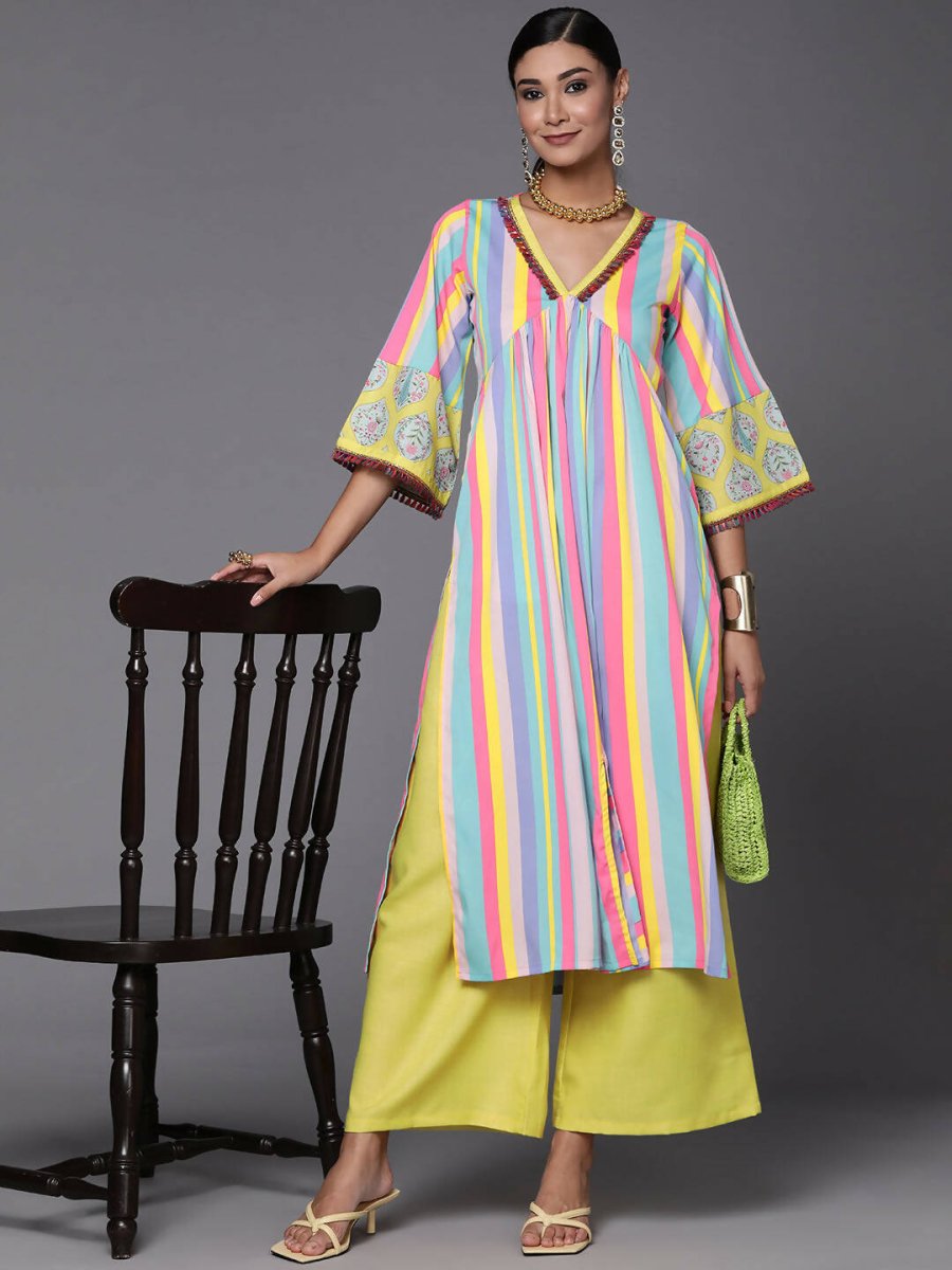 Ahalyaa Women Neon Green & Blue Candy Striped Kurta with Palazzos
