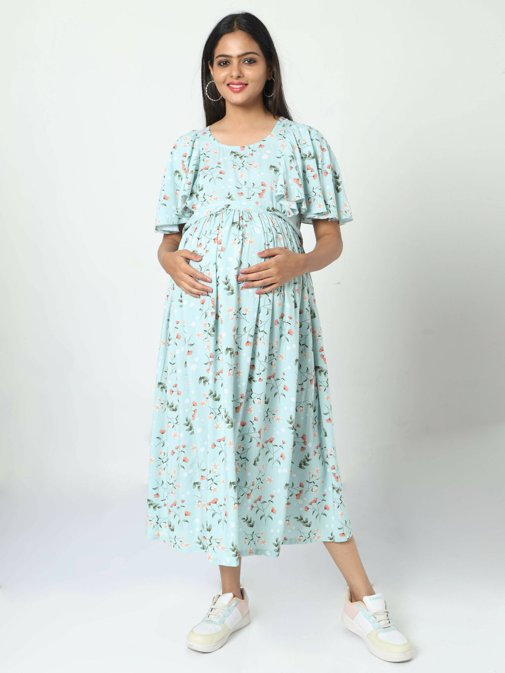 Manet Frill With Sleeve Maternity Dress Floral Print With Concealed Zipper Nursing Access - Green