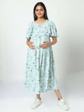 Manet Frill With Sleeve Maternity Dress Floral Print With Concealed Zipper Nursing Access - Green