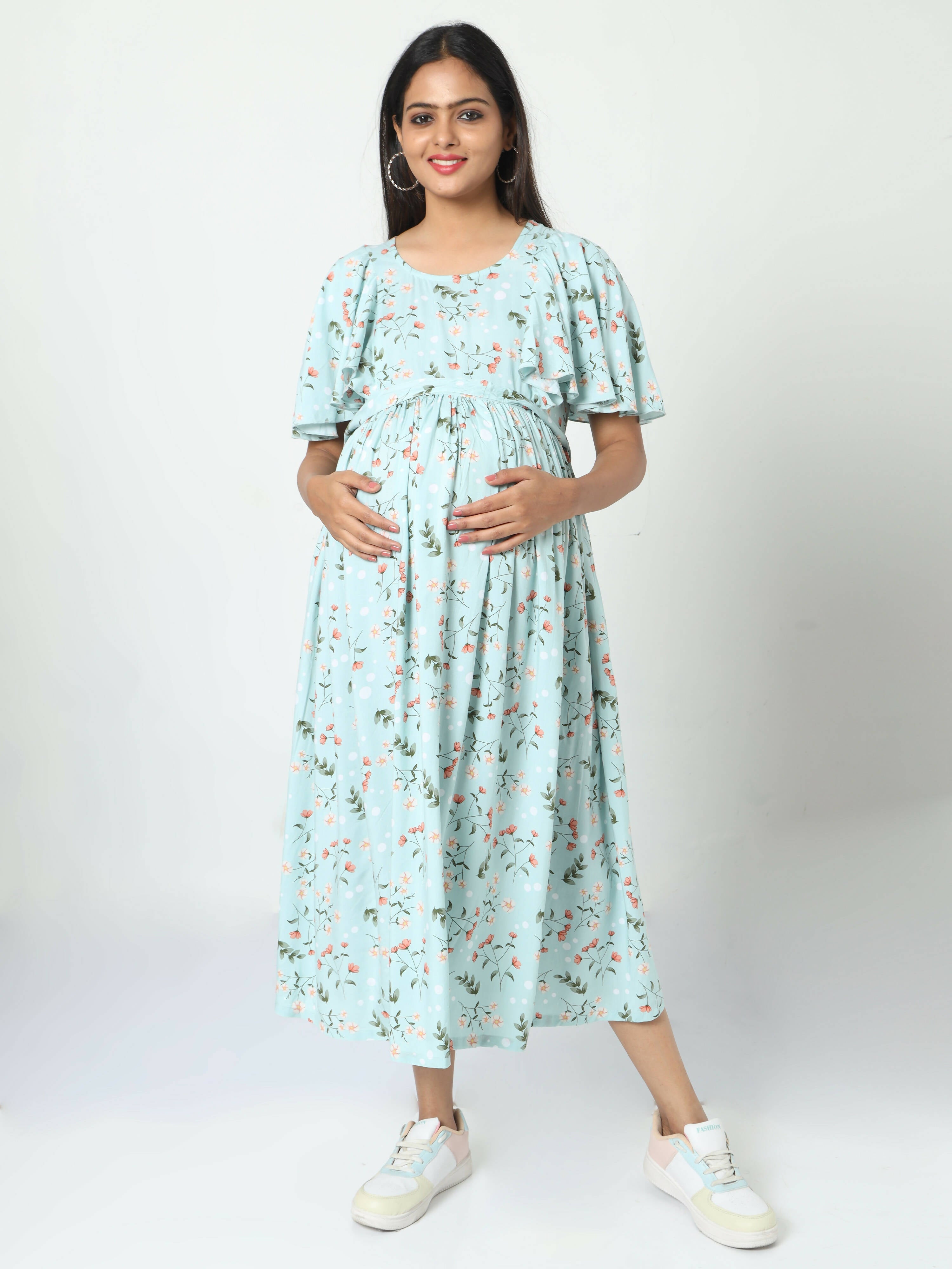 Manet Frill With Sleeve Maternity Dress Floral Print With Concealed Zipper Nursing Access - Green