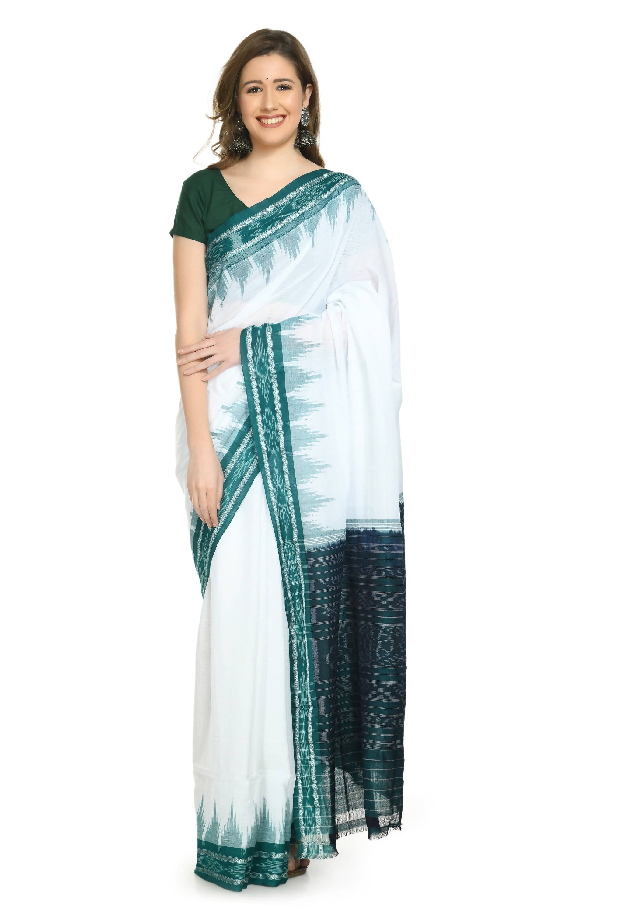 Vamika Sambalpuri Ikat Cotton Plane Kunbha White & Green Saree