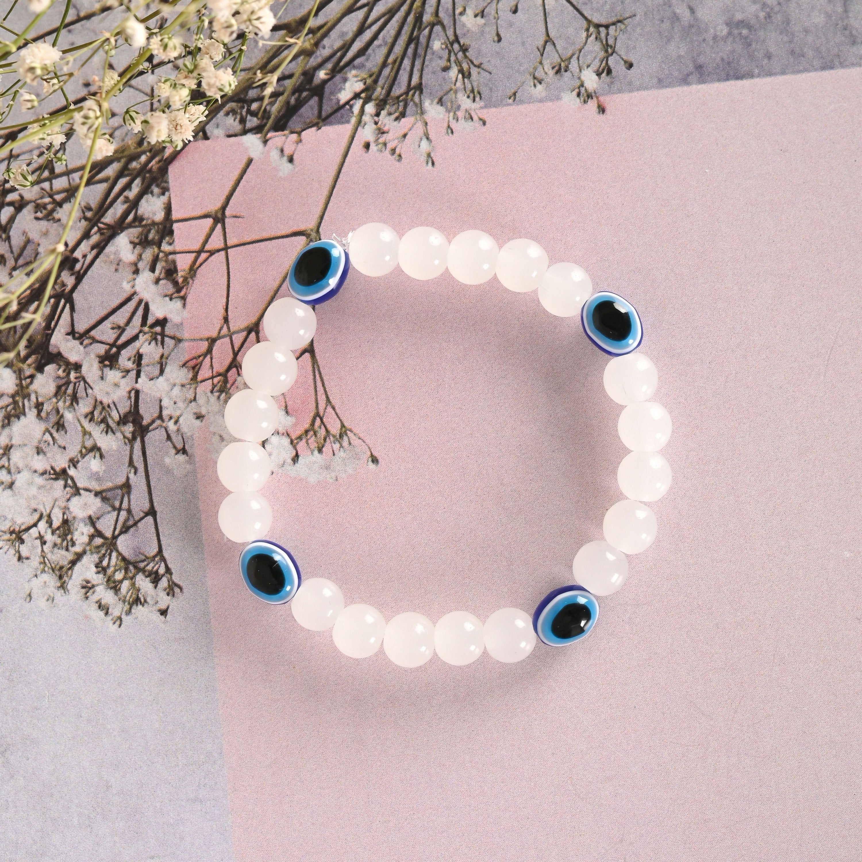 NVR Men & Women White Marbel Crystal Elasticated Bracelet