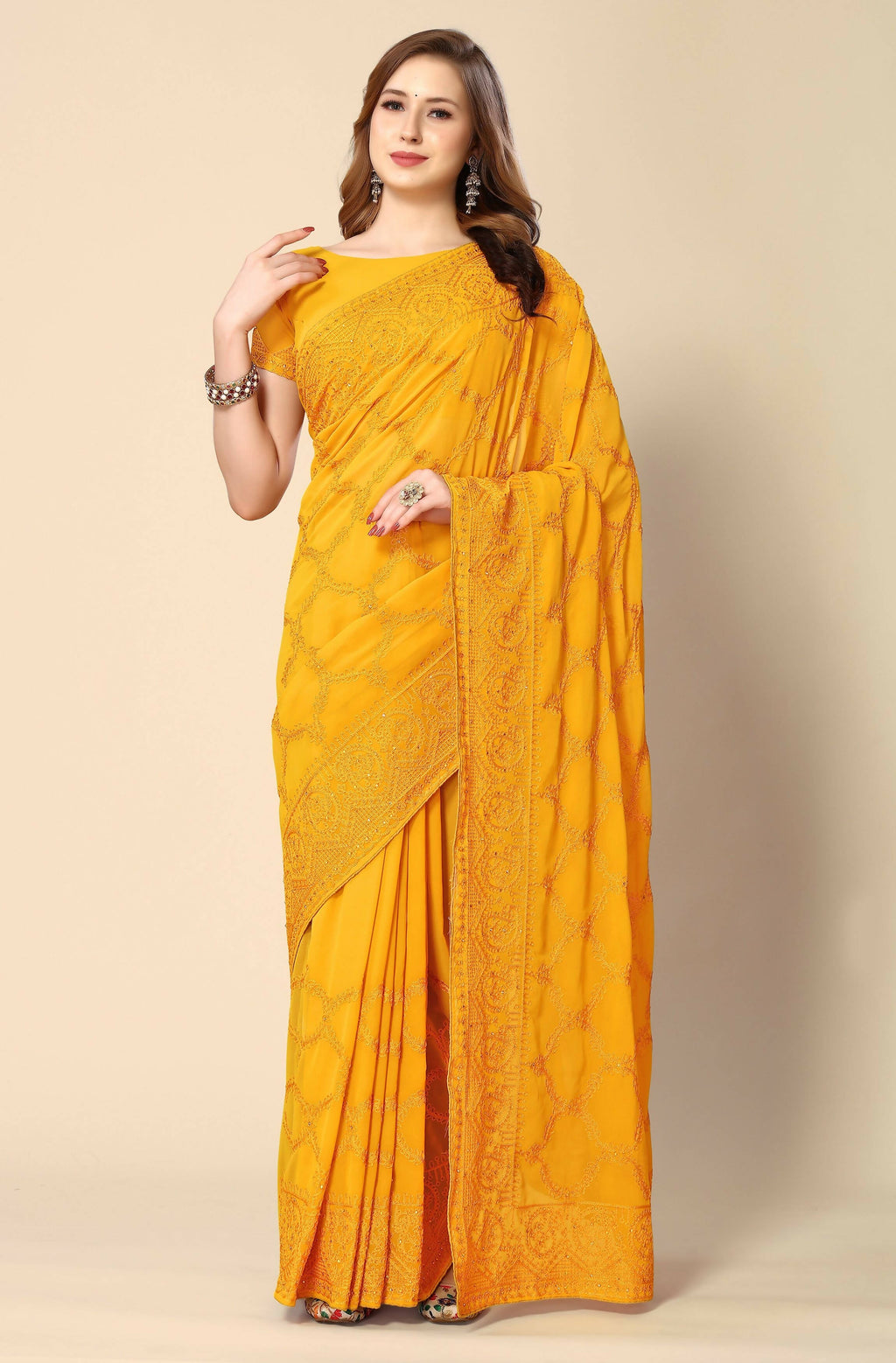 Mustard Georgette Embroidered and Stone Work Saree with Unstitched Blouse Piece - Roozal