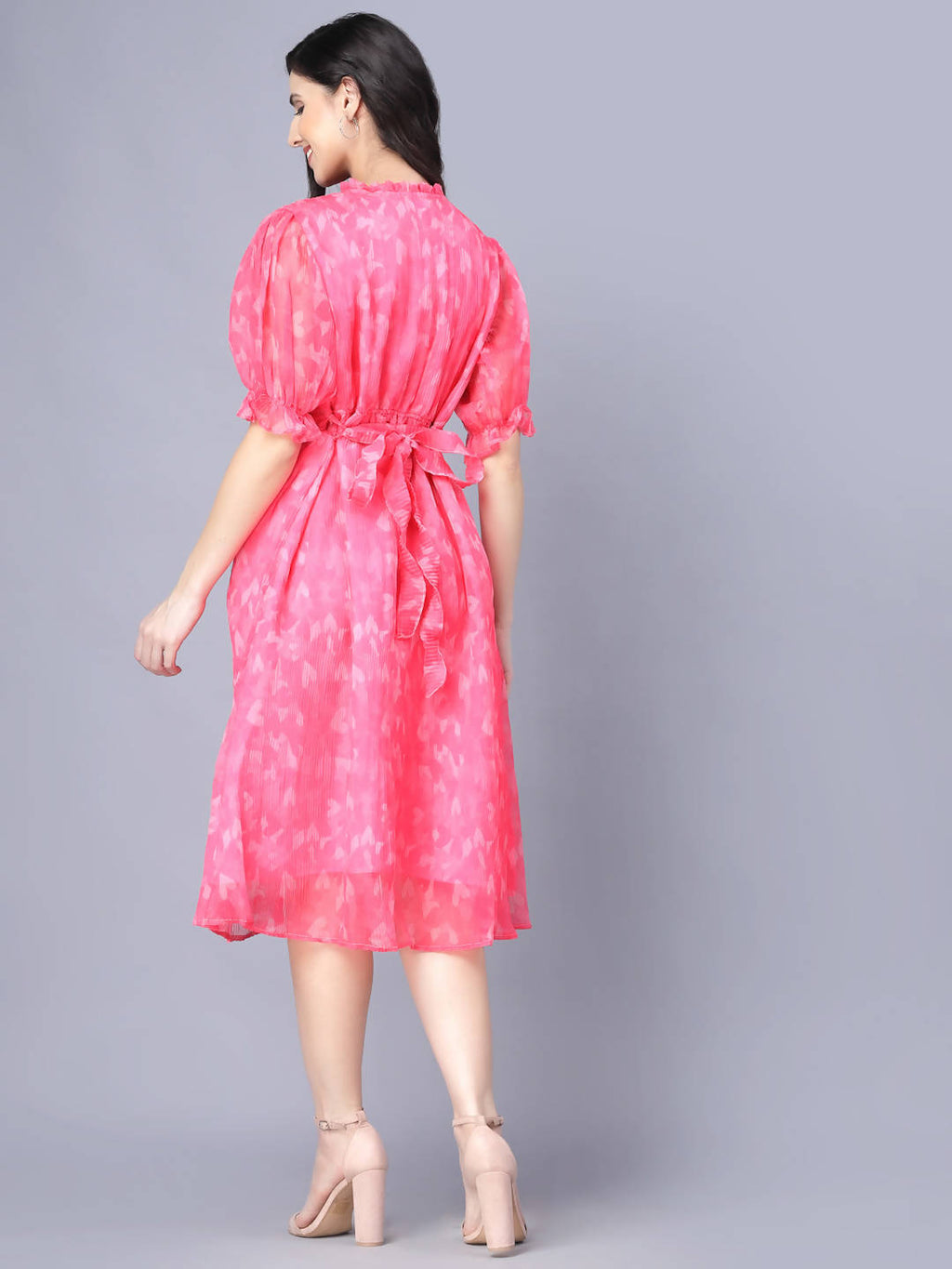 Myshka Women Pink White Floral Organic Cotton Midi Dress