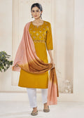 Jyoti Fashion Women's Mustard Pure Viscose Weaving Stripe with Embroidery Kurta Set
