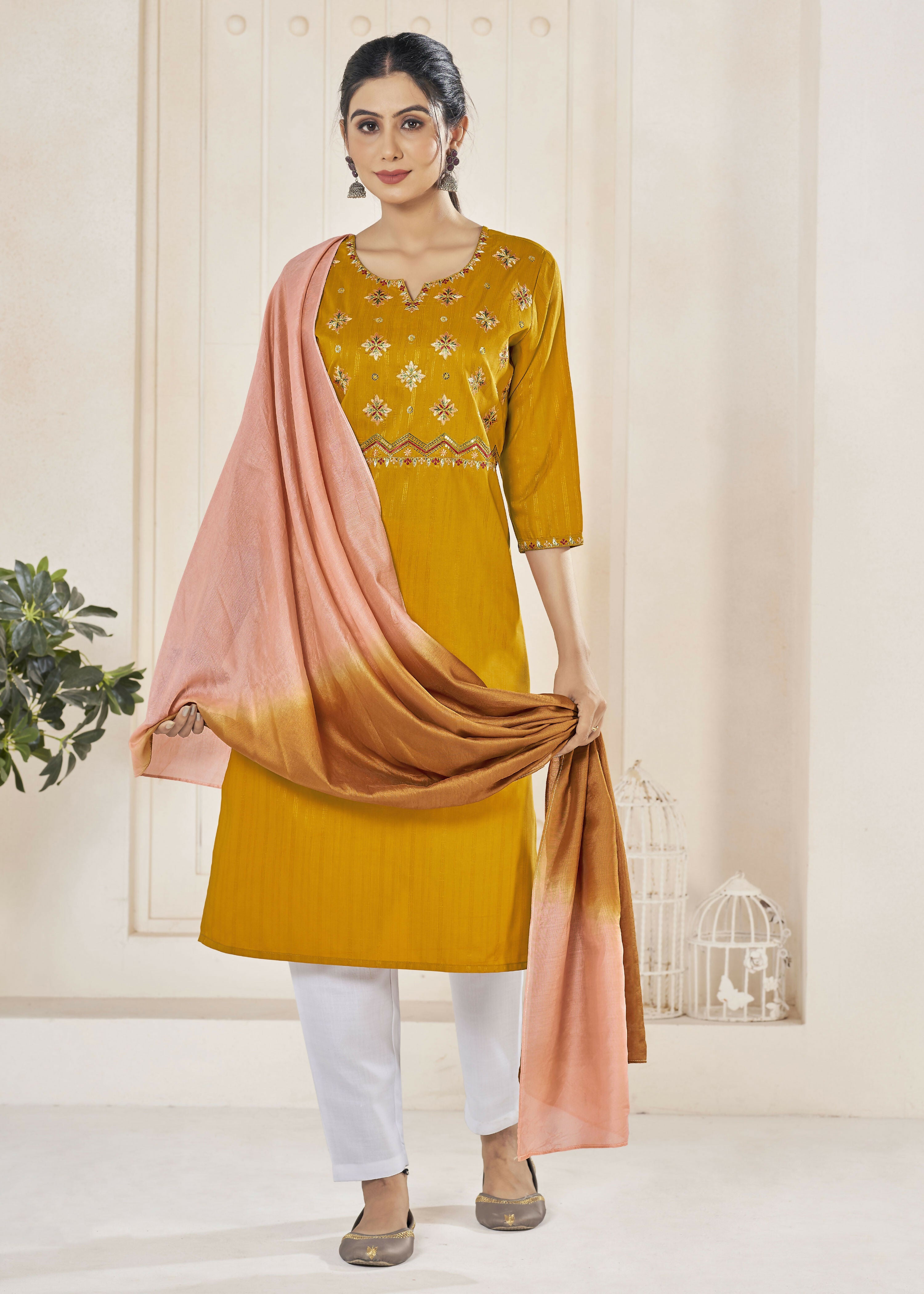 Jyoti Fashion Women's Mustard Pure Viscose Weaving Stripe with Embroidery Kurta Set