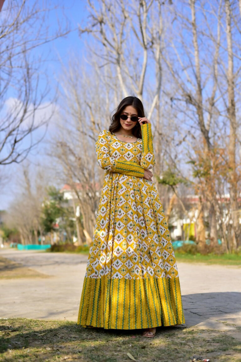 Jyoti Fashion Women's Mustard Heavy Digital Printed Cotton Silk Anarkali Dress