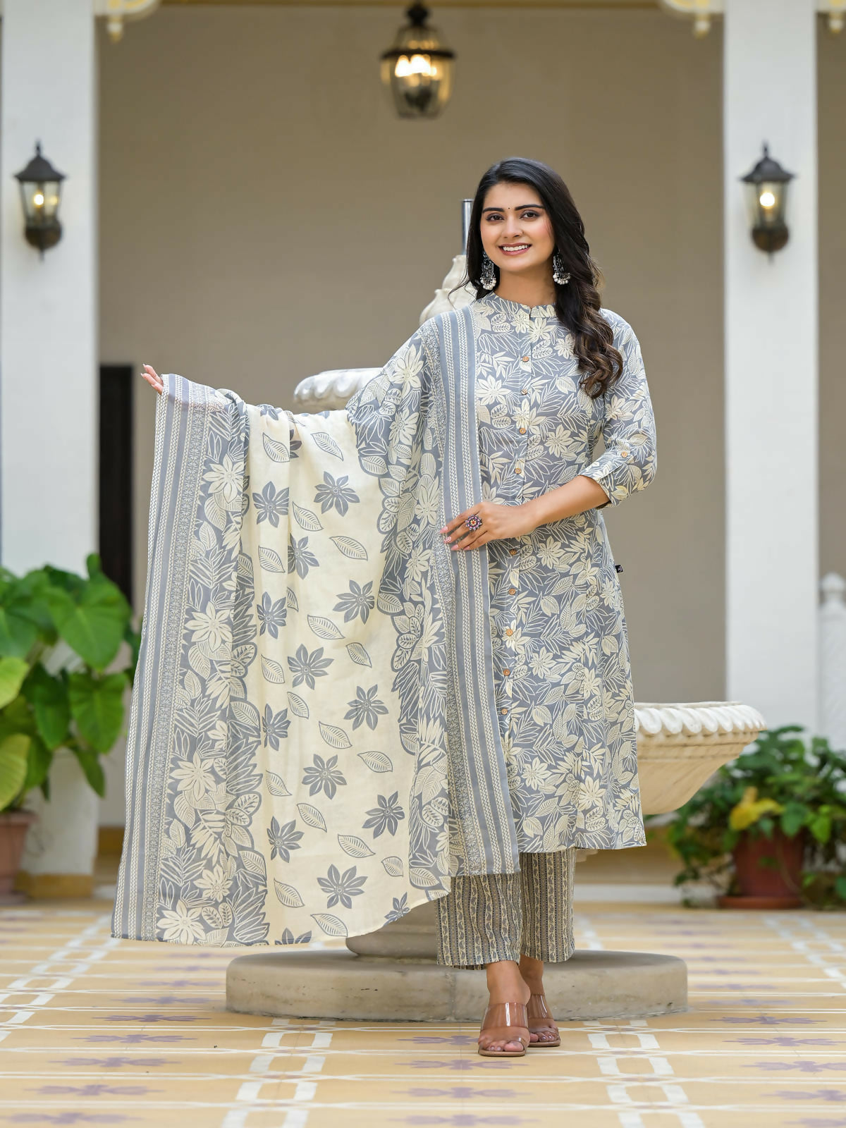 Juniper Women's Grey Floral Printed Cotton Kurta Set With Buttons