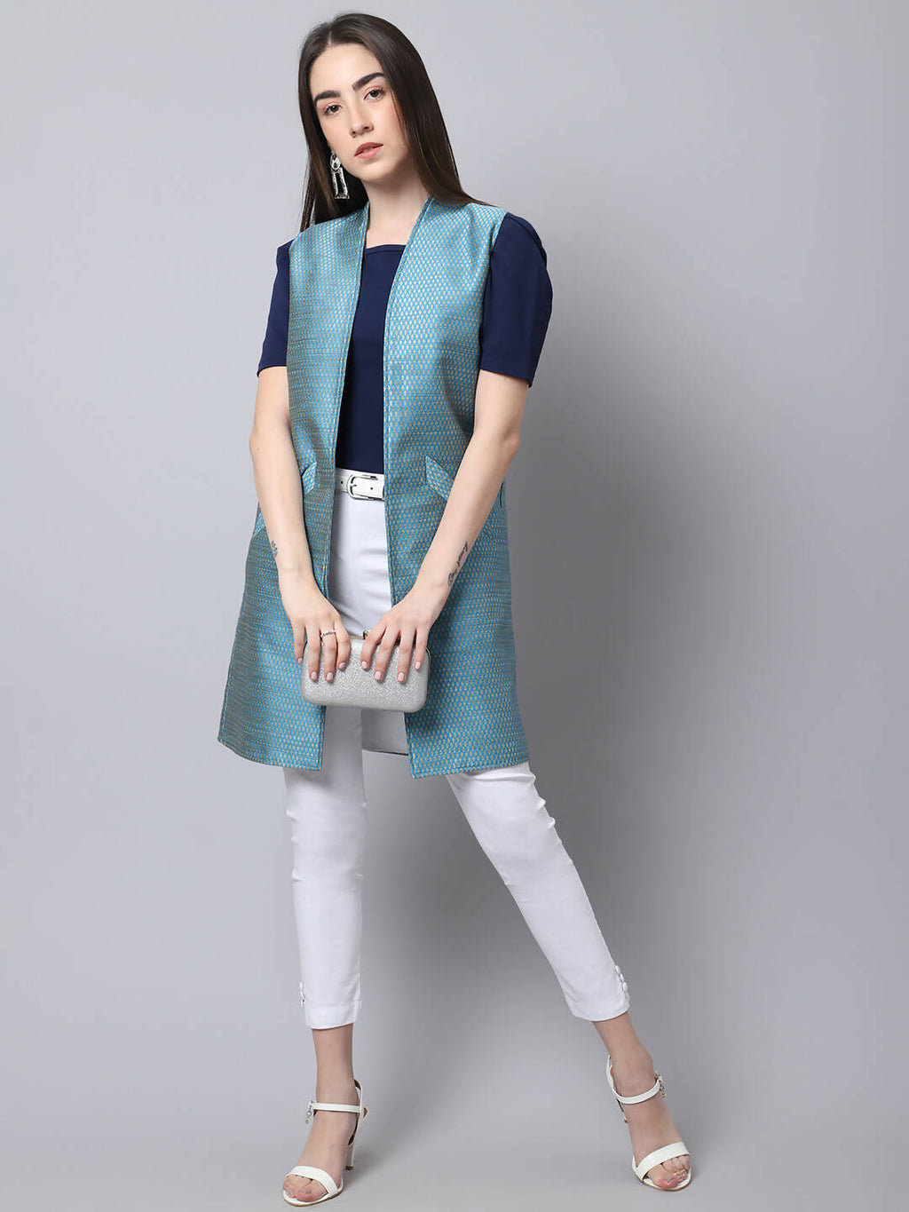 Even Apparels Blue Bansari Silk Open Front Women's Long Coat
