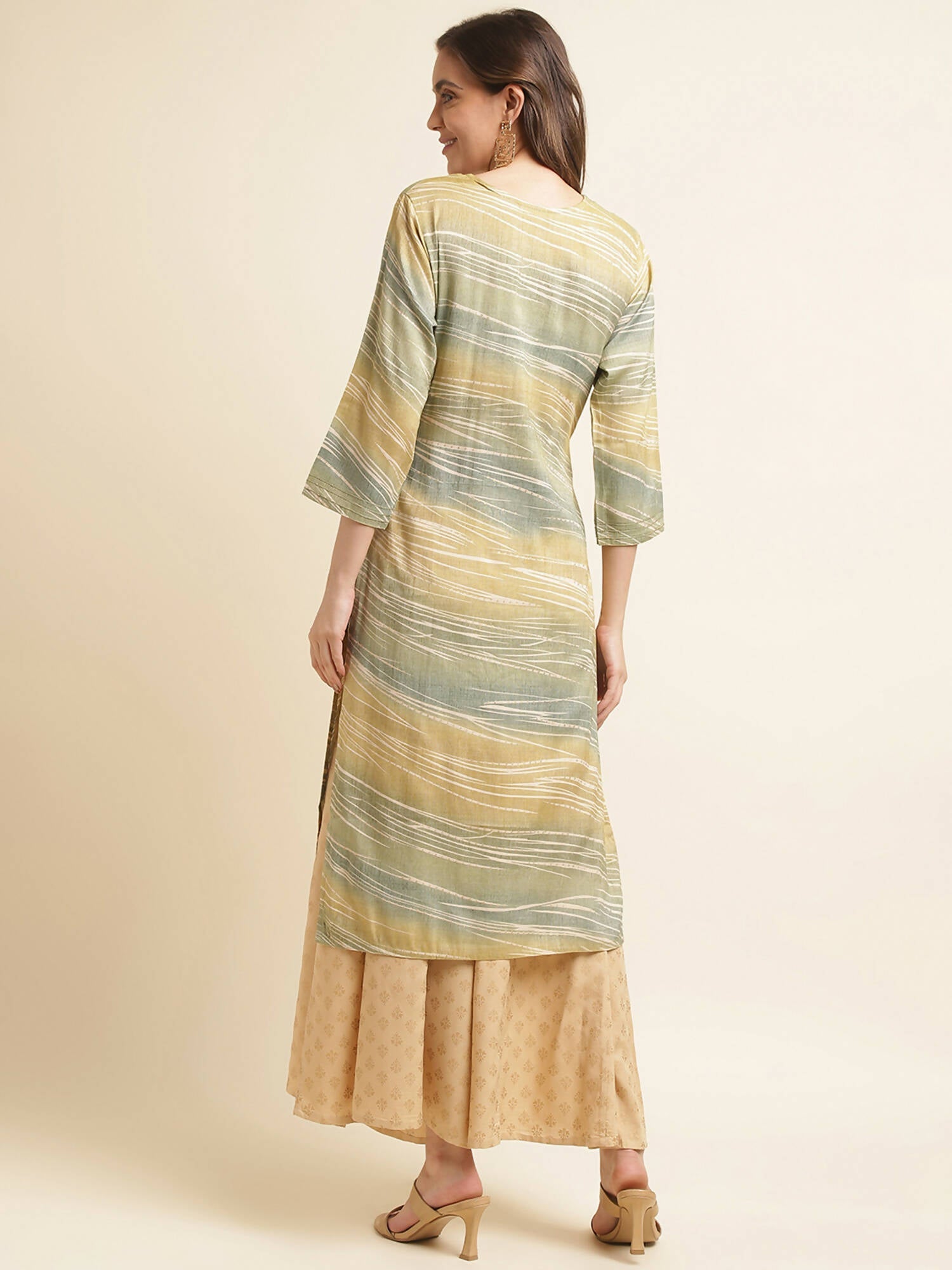 Green Poly Rayon Stripe Printed Straight Fit Kurta - Prasuti