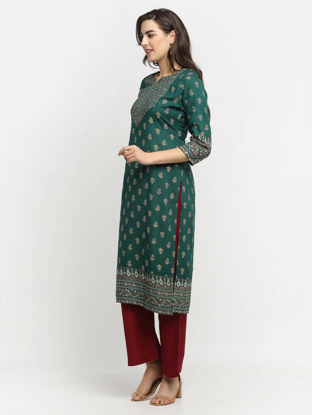 Rudra Bazaar Green Printed Yoke Designed Straight Kurta with Maroon Pyjamas