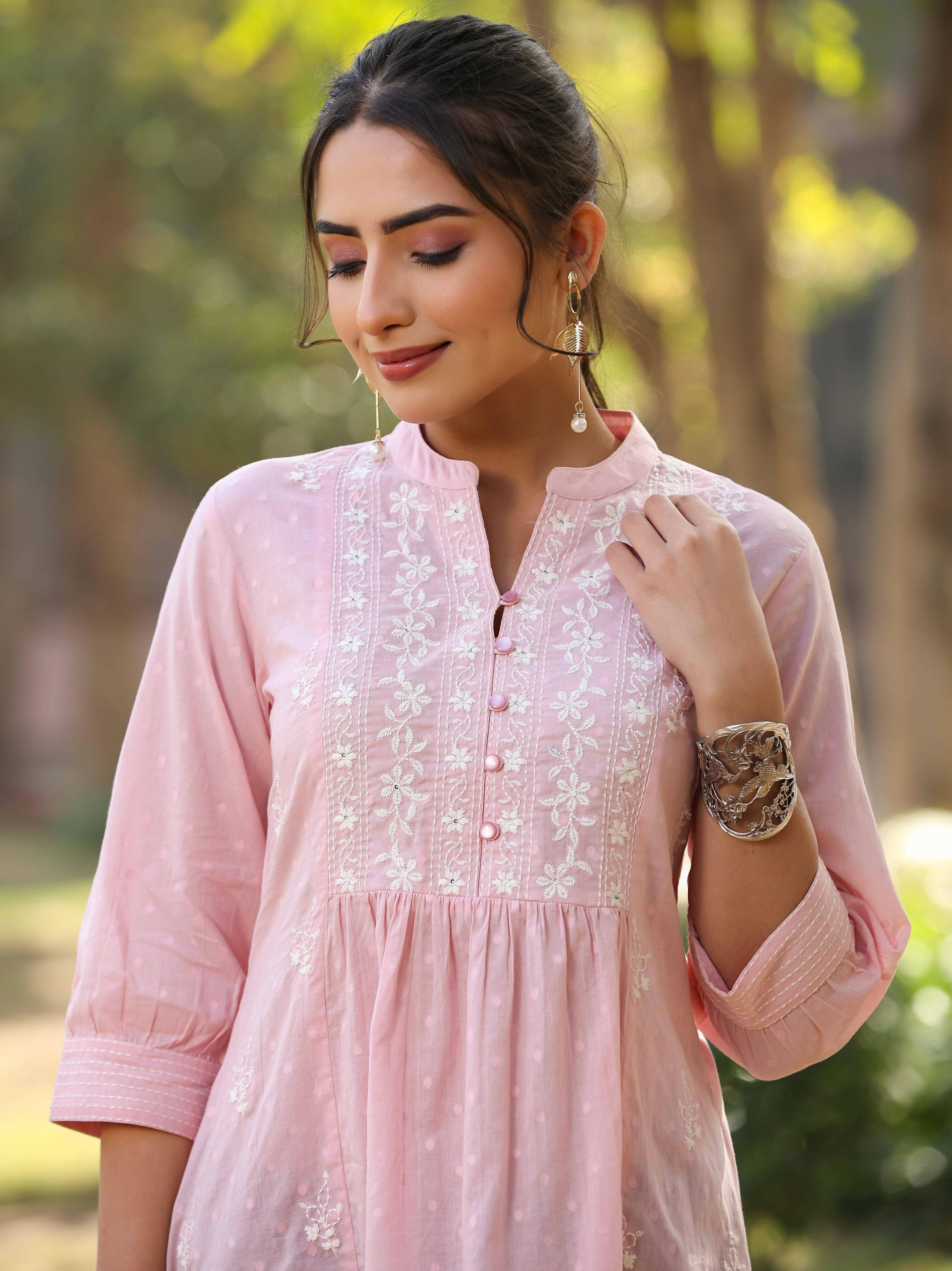 Juniper Women's Pink Cotton Solid With Embroidered Straight Tunic