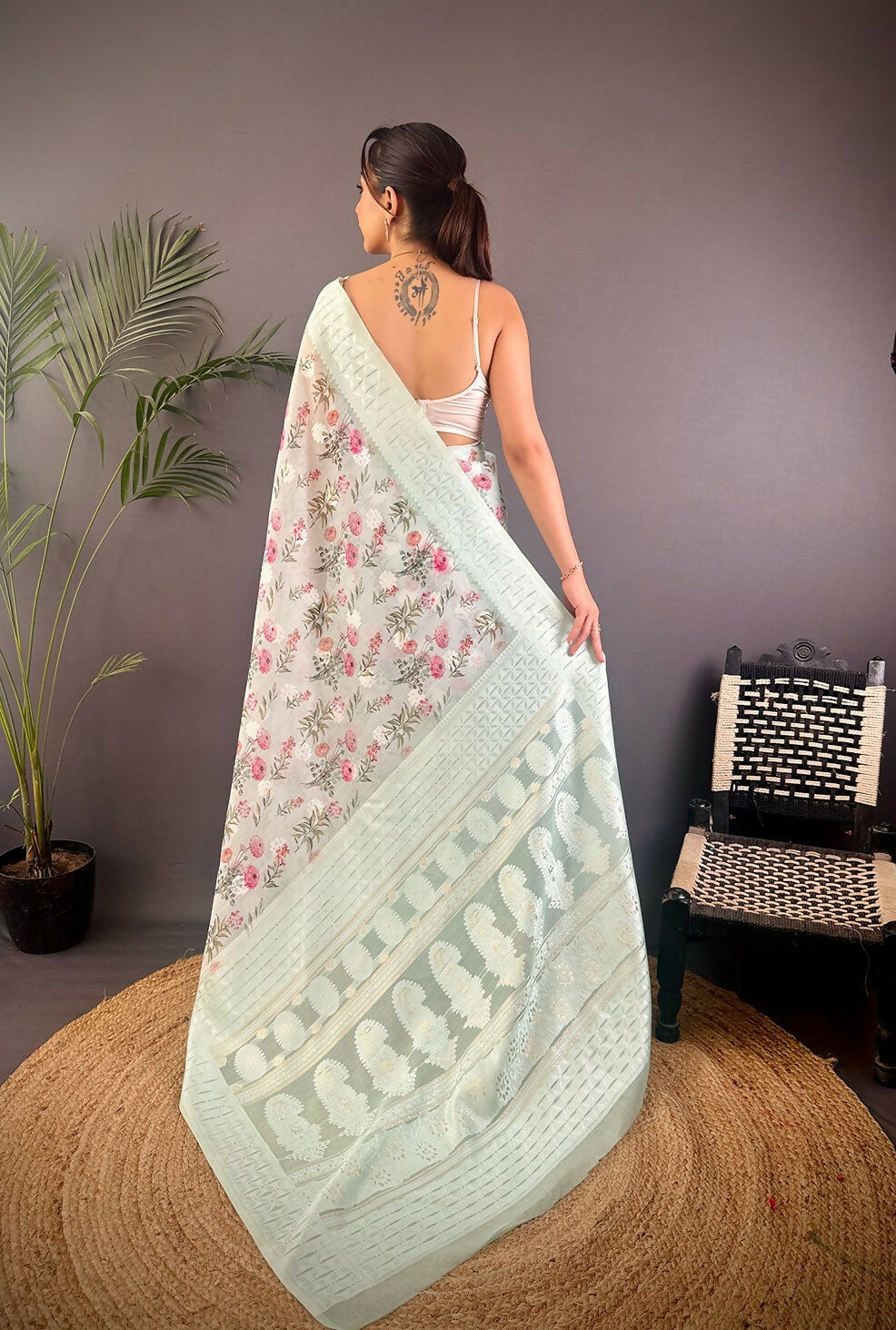 Joban Fashion Sky Blue Floral Motifs Banarasi Silk Sarees