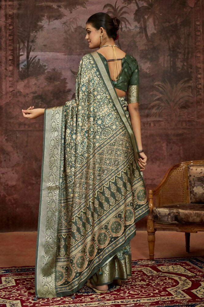 Joban Fashion Mehendi Green Dola Tussar Silk Self Jacquard Border Saree